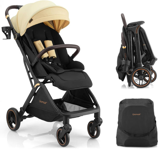 Gromast Gravity Opvouwbare babybuggy met verstelbare rugleuning en zonnedak, lichtgewicht en uv-bescherming, met één hand automatisch inklapbaar, beige