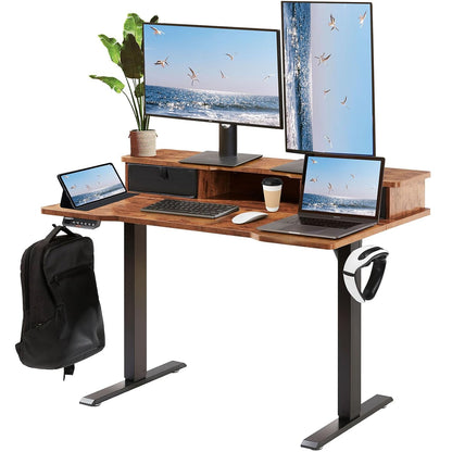 VEVOR Bureau, in hoogte verstelbaar, elektrisch, 120 x 60 cm, staand bureau, 0,72-1,1 m instelbare geheugenbediening, dubbellaags, grote computertafel, 82 kg belastbaar, bruin, bureautafel, pc-tafel