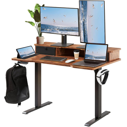 VEVOR Bureau, in hoogte verstelbaar, elektrisch, 120 x 60 cm, staand bureau, 0,72-1,1 m instelbare geheugenbediening, dubbellaags, grote computertafel, 82 kg belastbaar, bruin, bureautafel, pc-tafel