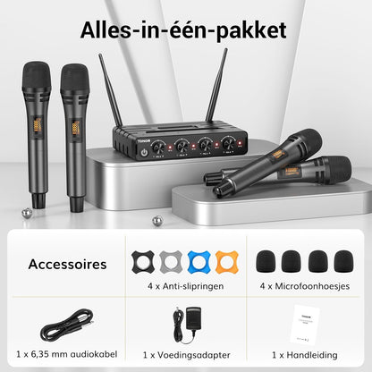 Draadloze Microfoonset – Handmicrofoon, Karaokemicrofoon, Zangmicrofoon, Dynamische Microfoon – 4x5 Kanalen – 60 Meter UHF Bereik