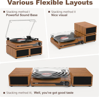 Platenspeler - Geïntegreerde Luidsprekers - Vintage Fonograaf - met Bluetooth 5.3 Ondersteunt - 2 Dubbele Stereoluidsprekers - 3 Snelheden - AUX - RCA - USB - Draadloos Afspelen - Hout - Goud