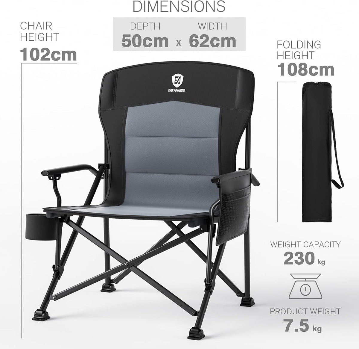 EVER ADVANCED Campingstoel voor volwassenen, set van 2 extra grote 230 kg, klapstoel voor zware mensen met zijvak, extra breed met harde armleuning, opvouwbaar, voor tuin, vissen, outdoor, inklapbaar