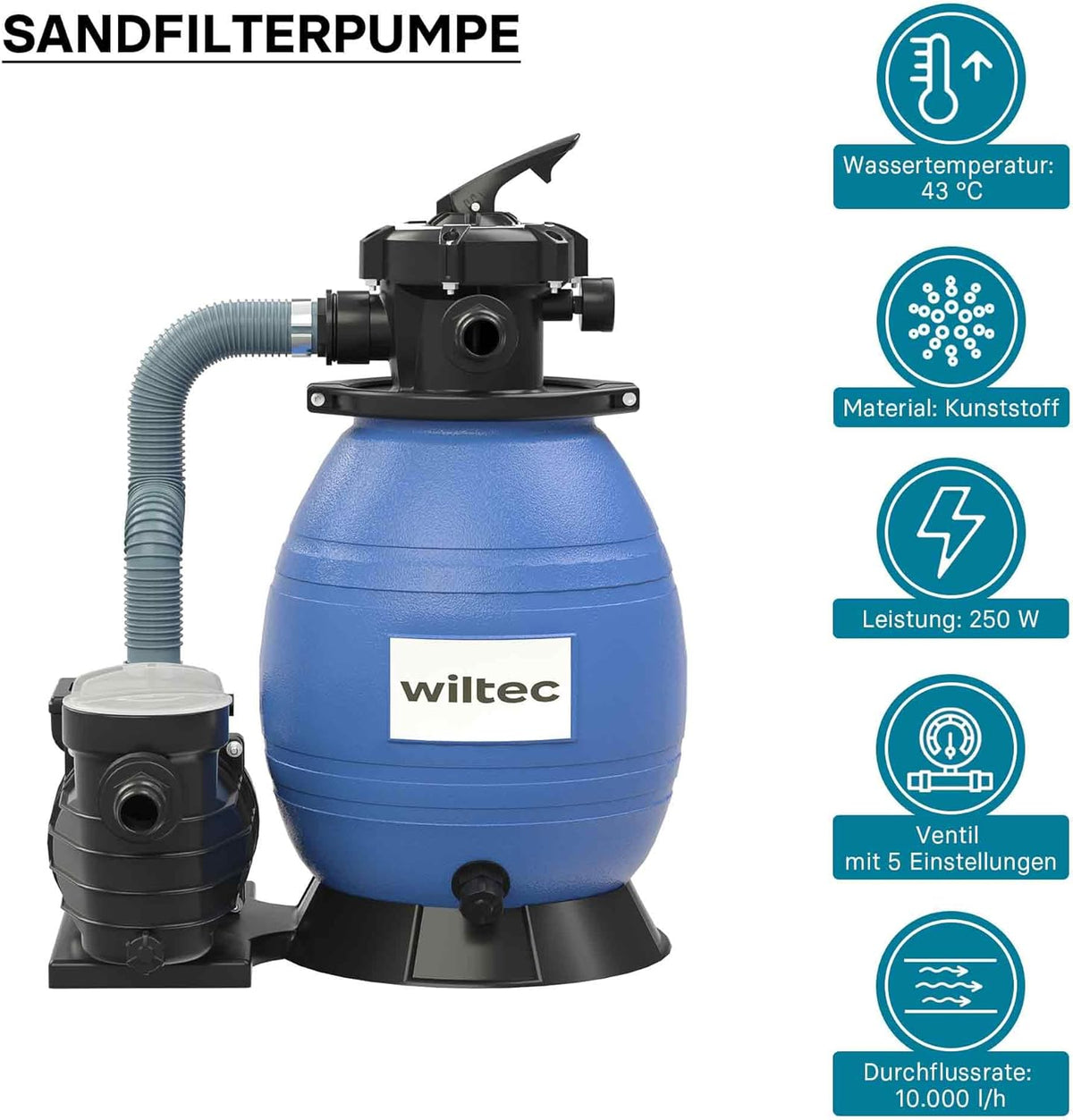 Wiltec zandfiltersysteem 250 W met 26 liter filtertank en zelfaanzuiging 10.000 l/h poolpomp