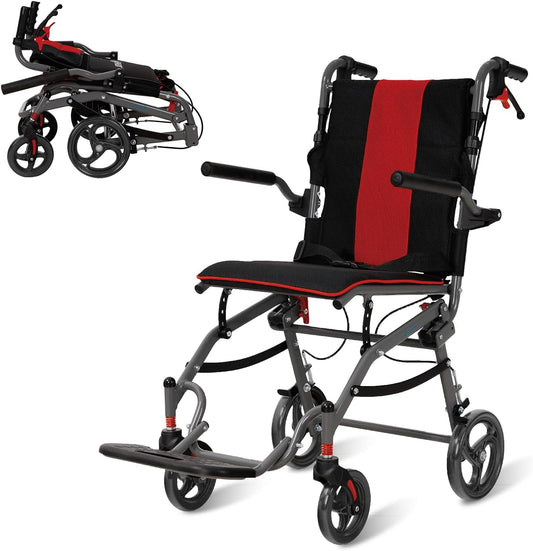 Rolstoel, opvouwbaar, licht, smalle transportrolstoel met verstelbare hoogte, ergonomische handgrepen en 360° wielen, geschikt voor woning en onderweg (Red)