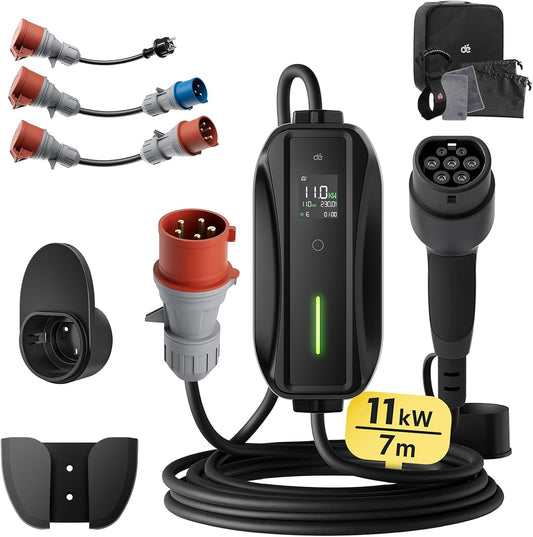 dé EV Charger Type 2 11kW [7m, 3-Fase, 6-16A] Laadpaal 11kw 3 Fase met Traveller Set, Mobile Wallbox voor model Y/3, ID.3/4/5, Enyaq, EX30/XC40, Niro en Andere EV&PHEV