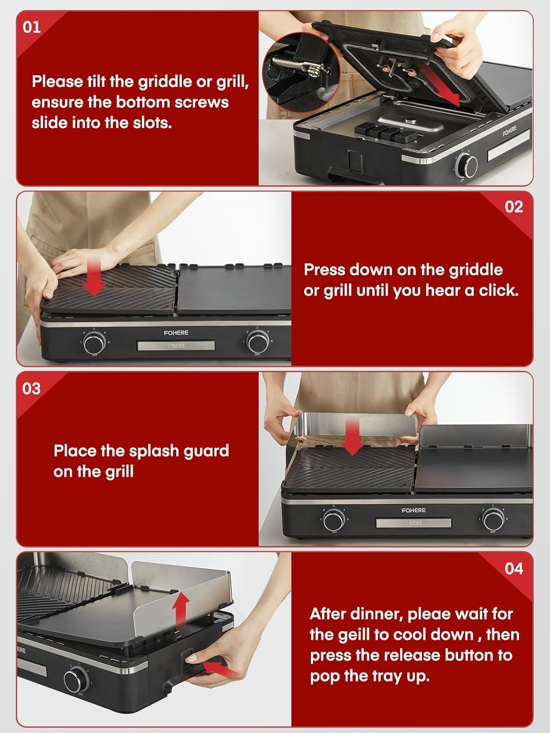 FOHERE Elektrische grill, 2400 W, tafelgrill met 2 gescheiden regelbare grillplaten (glad en geribbeld), duo-grillsysteem, 5-traps temperatuurregeling (zwart)