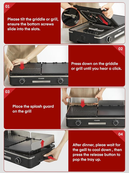 FOHERE Elektrische grill, 2400 W, tafelgrill met 2 gescheiden regelbare grillplaten (glad en geribbeld), duo-grillsysteem, 5-traps temperatuurregeling (zwart)