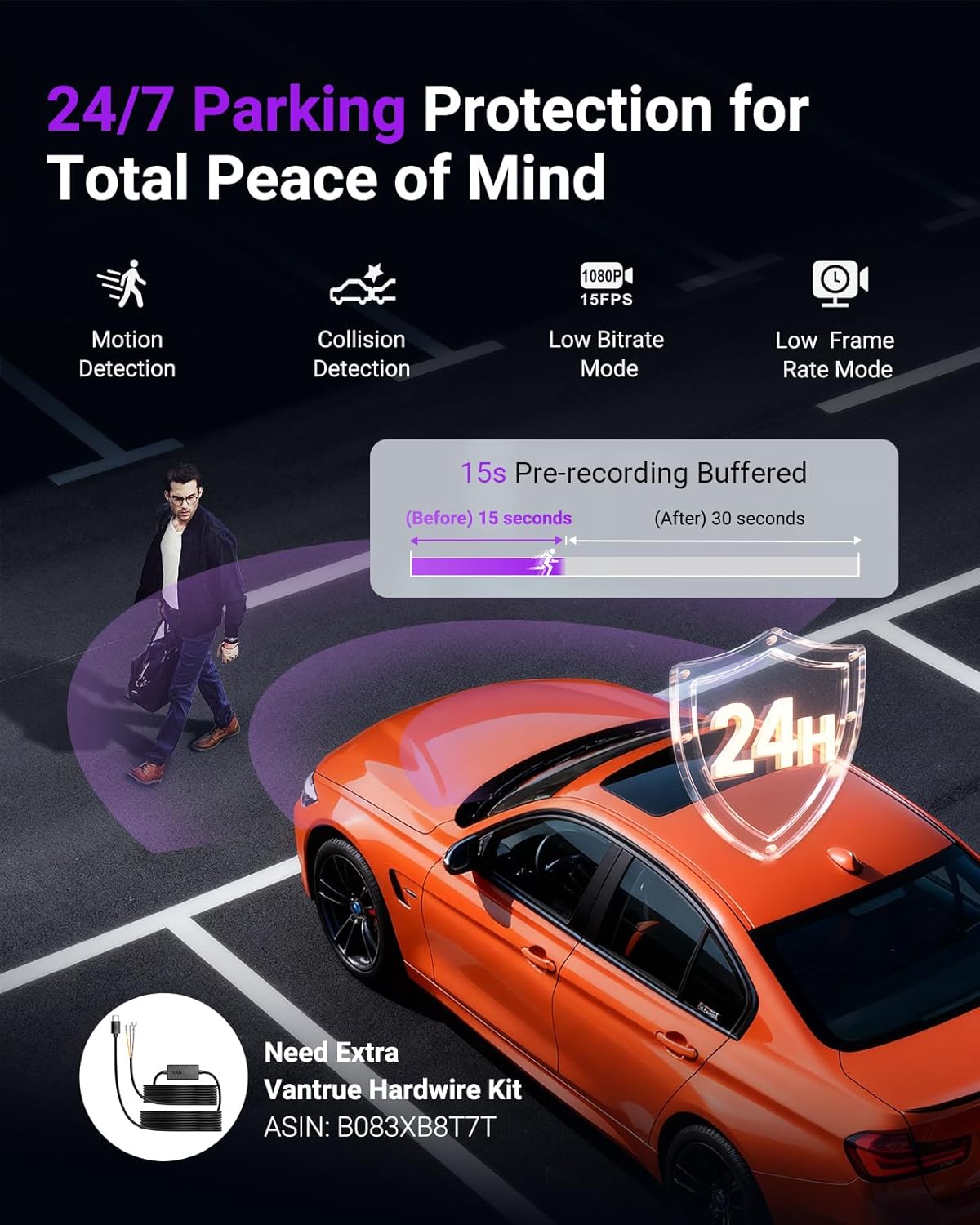 VANTRUE S1 Pro 1CH 2.5K 60FPS Verborgen Dashcam 5GHz WiFi ADAS, STARVIS 2 Platepix Nachtzicht, Dashcam Auto Front Spraakbesturing Dash Cam, GPS, 15 seconden Pre-opname Buffer Parking Mode, Max 1TB