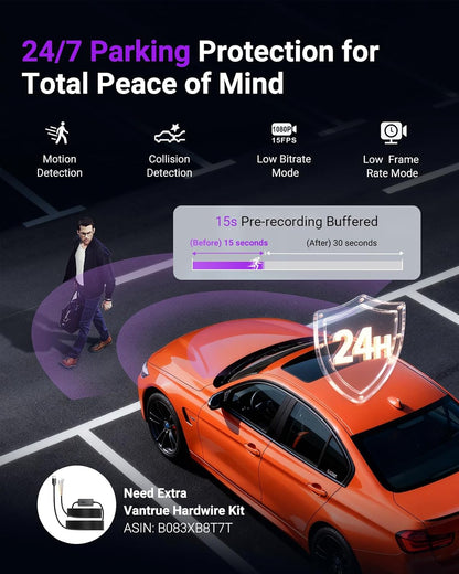 VANTRUE S1 Pro 1CH 2.5K 60FPS Verborgen Dashcam 5GHz WiFi ADAS, STARVIS 2 Platepix Nachtzicht, Dashcam Auto Front Spraakbesturing Dash Cam, GPS, 15 seconden Pre-opname Buffer Parking Mode, Max 1TB
