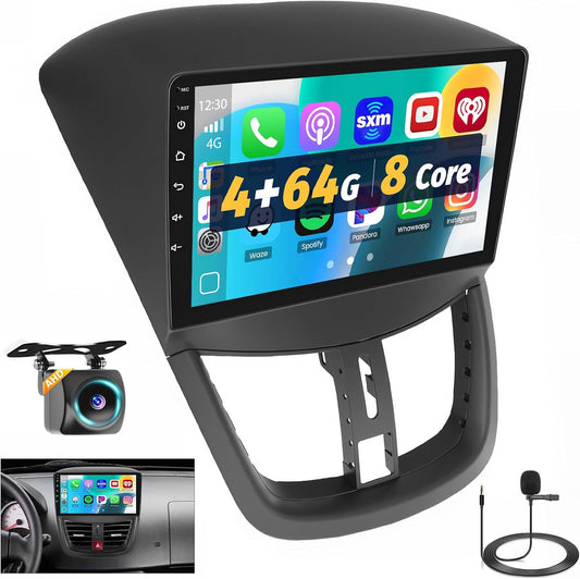Inefala 8 Core 4+64G Android Radio voor Peugeot 207 207 cc 2006-2015, 9 Inch HD Touch Screen met Wireless CarPlay en Android Auto, GPS Navigatie, AHD ACHTERUITRIJCAMERA, FM/RDS, Bluetooth