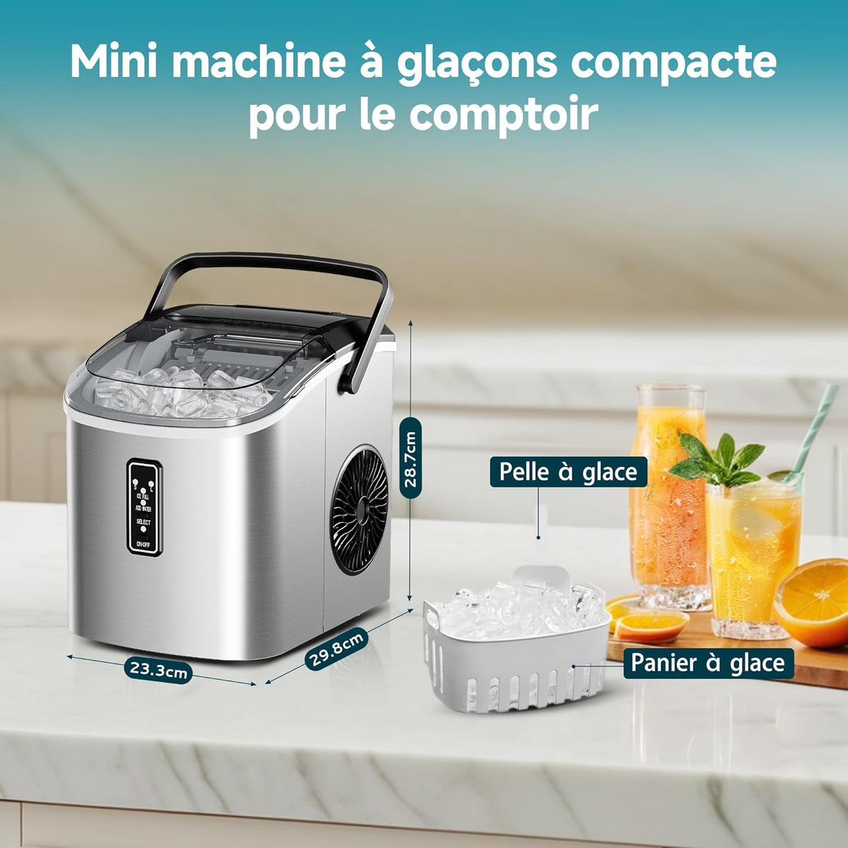 EUHOMY Compacte ijsblokjesmachine, 9 ijsblokjes klaar in 6 minuten, 12 kg/dag, zelfreinigend, met draaggreep, mand en schep, 2 ijsblokjesmaten, voor thuis, keuken, kantoor, zilver