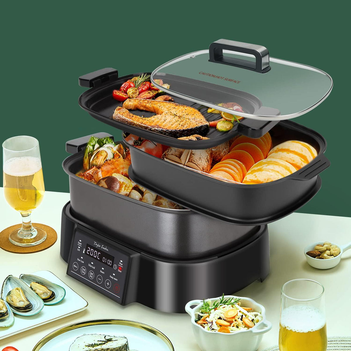 Taylor Swoden Arthur Elektrische stoompan, programmeerbaar, multifunctioneel, met vooraf ingestelde programma's en warmhoudfunctie, 6 l, 1250 W, BPA-vrij