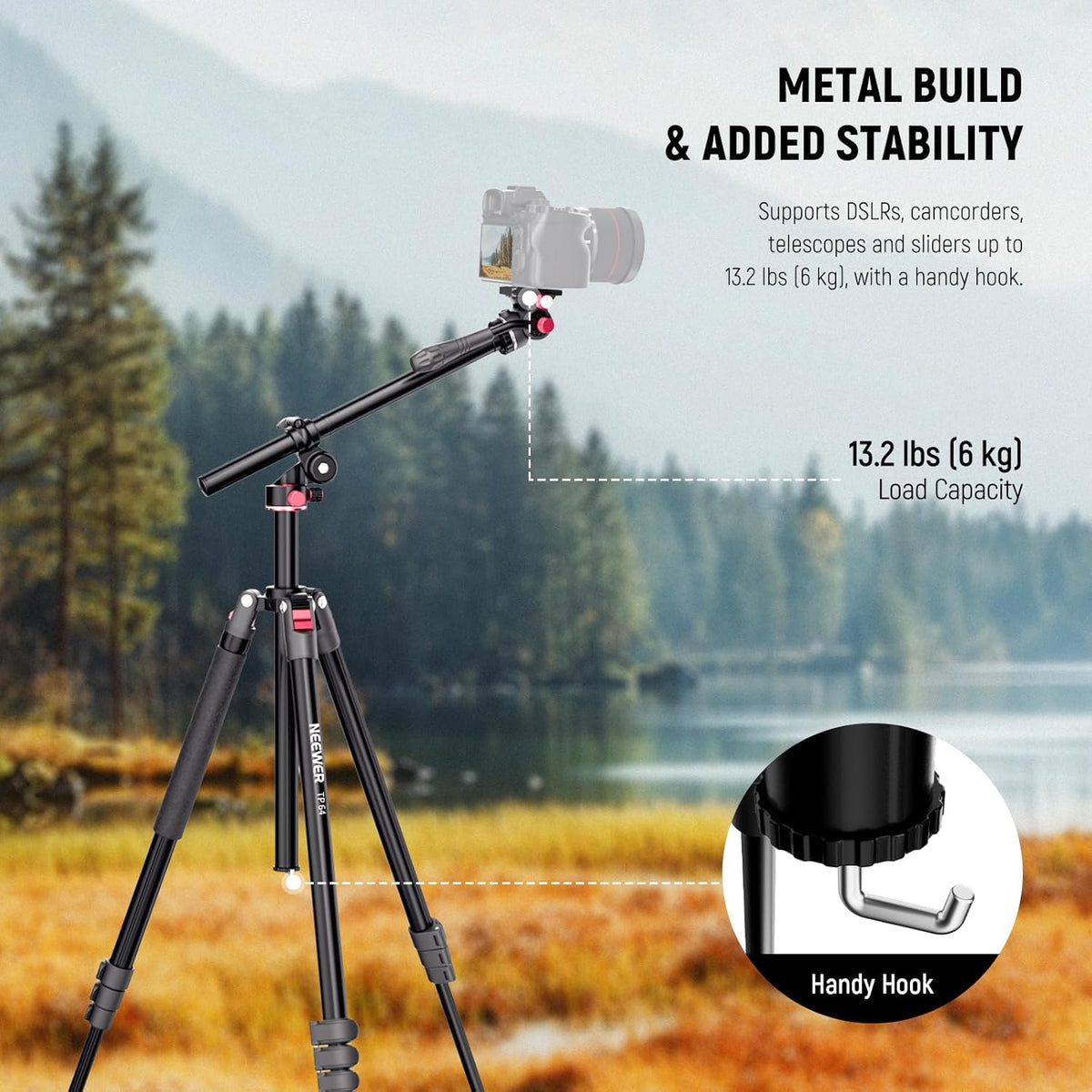 NEEWER Horizontaal monopod statief voor camera met vloeibare kop en flexibele middenkolom, 228 cm hoge metalen DSLR-video-reishouder, Arca-QR-code en omgekeerde voeten, belasting 6 kg, TP64