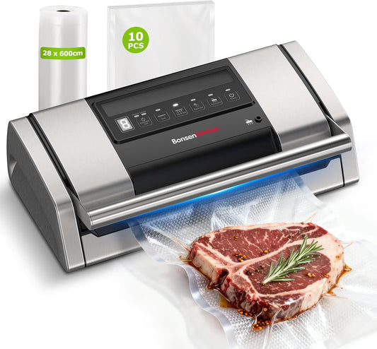 Bonsenkitchen Vacuümmachine, 15 l/min, met zakclip, greepvergrendeling en geïntegreerde snijder, voor vacuüm koken en bereiden van levensmiddelen, snelle afdichting met hoge prestaties, VS5100