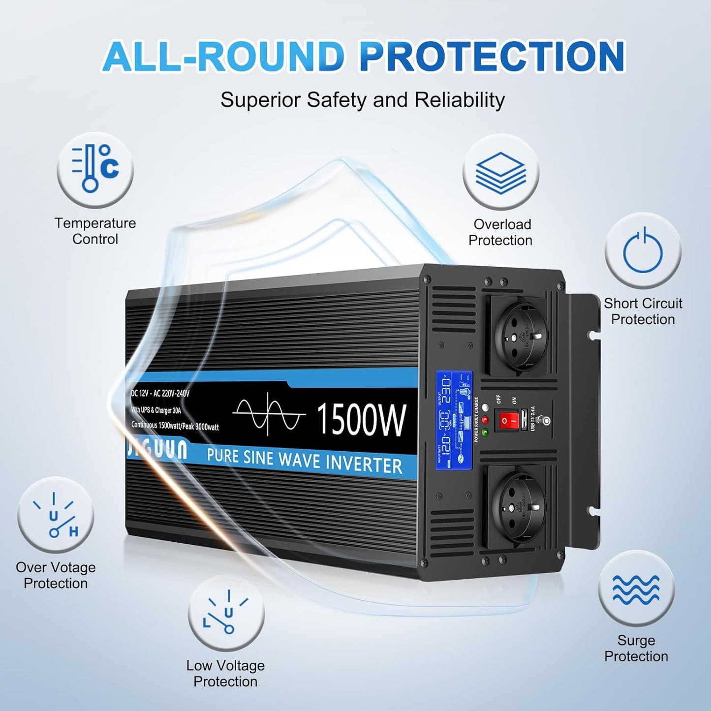 JIGUUN 1500W omvormer 12v naar 230v zuivere sinus met 30A lader en net prioriteit circuit en UPS, 2 EU-stopcontacten, draadloze afstandsbediening en LCD-display piekvermogen 3000W