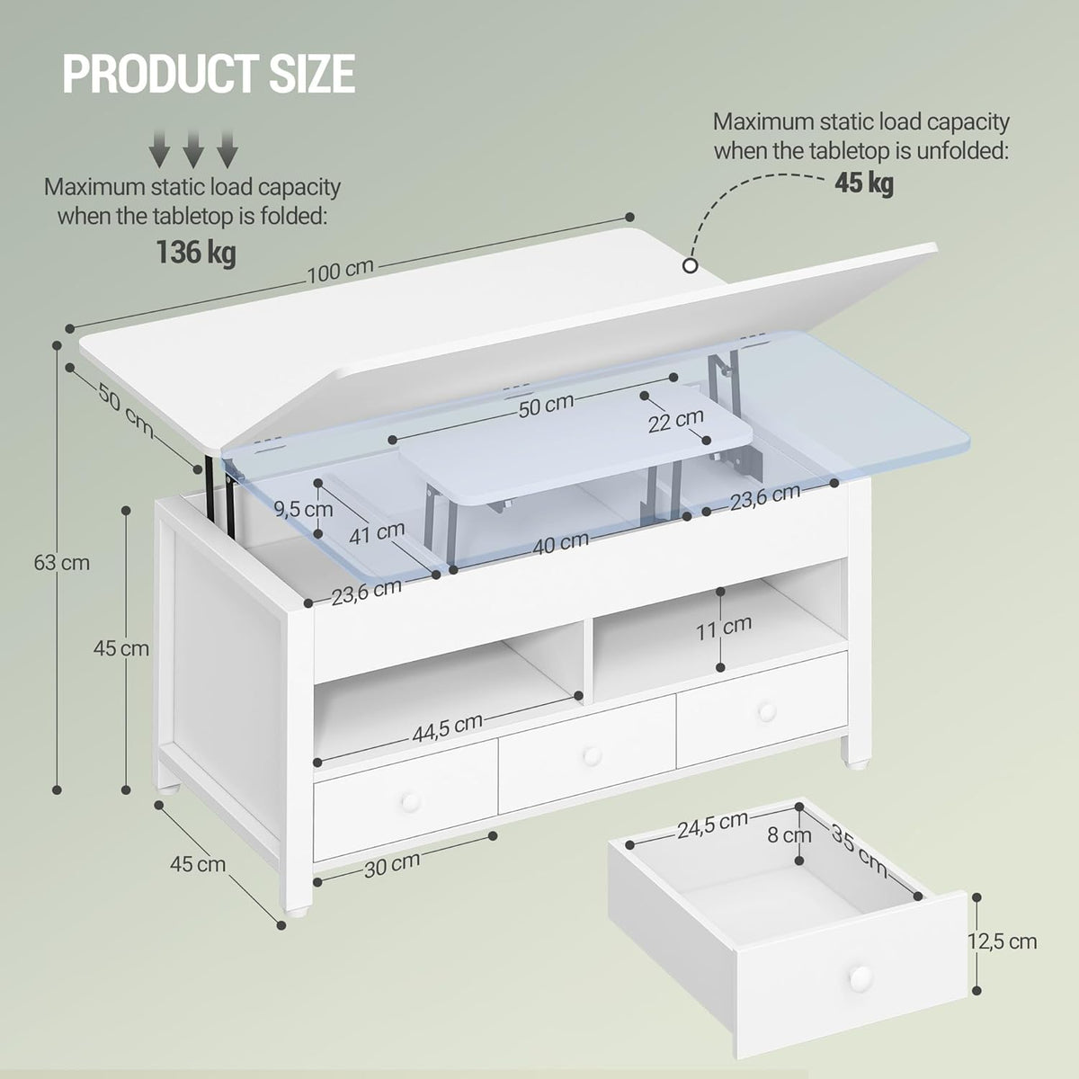 Hzuaneri Coffee Table, 3-in-1 Height Adjustable Folding Top Coffee Table, with 3 Drawers Large Storage Space, 100×50×47cm Extendable (100×63cm) for Living Room/Office, White CT22203W