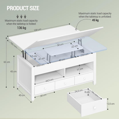 Hzuaneri Coffee Table, 3-in-1 Height Adjustable Folding Top Coffee Table, with 3 Drawers Large Storage Space, 100×50×47cm Extendable (100×63cm) for Living Room/Office, White CT22203W
