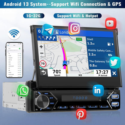 Android-autoradio 13 2G + 64G 1 Din met Wireless Carplay Android Auto, 7 inch flip-out touchscreen Bluetooth autoradio met Mirror Link WiFi GPS SWC FM RDS USB + achteruitrijcamera + MIC