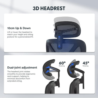 Ergonomische Bureaustoel – Werkstoel – Office Chair – Bureaustoel Met Hoofdsteun – Draaibare Bureaustoel – Adaptieve Lendensteun – Verstelbare Zithoogte en 3D-Armleuningen – Ademend Mesh-Materiaal