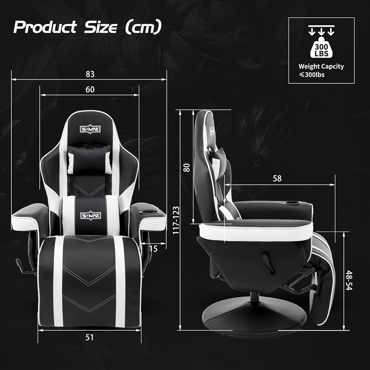 S*MAX Gamingstoel met voetensteun, in hoogte verstelbaar, gamingstoel, hoge rugleuning, verstelbare rugleuning, bekerhouder, zijzak, gamerstoelen voor volwassenen, zwart, wit, X large