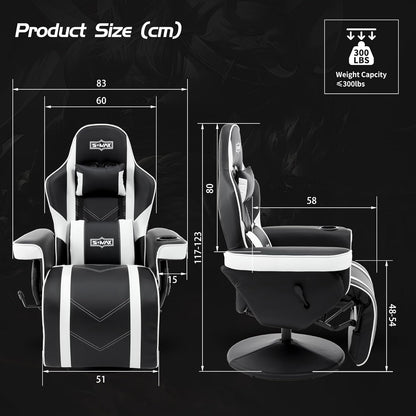 S*MAX Gamingstoel met voetensteun, in hoogte verstelbaar, gamingstoel, hoge rugleuning, verstelbare rugleuning, bekerhouder, zijzak, gamerstoelen voor volwassenen, zwart, wit, X large