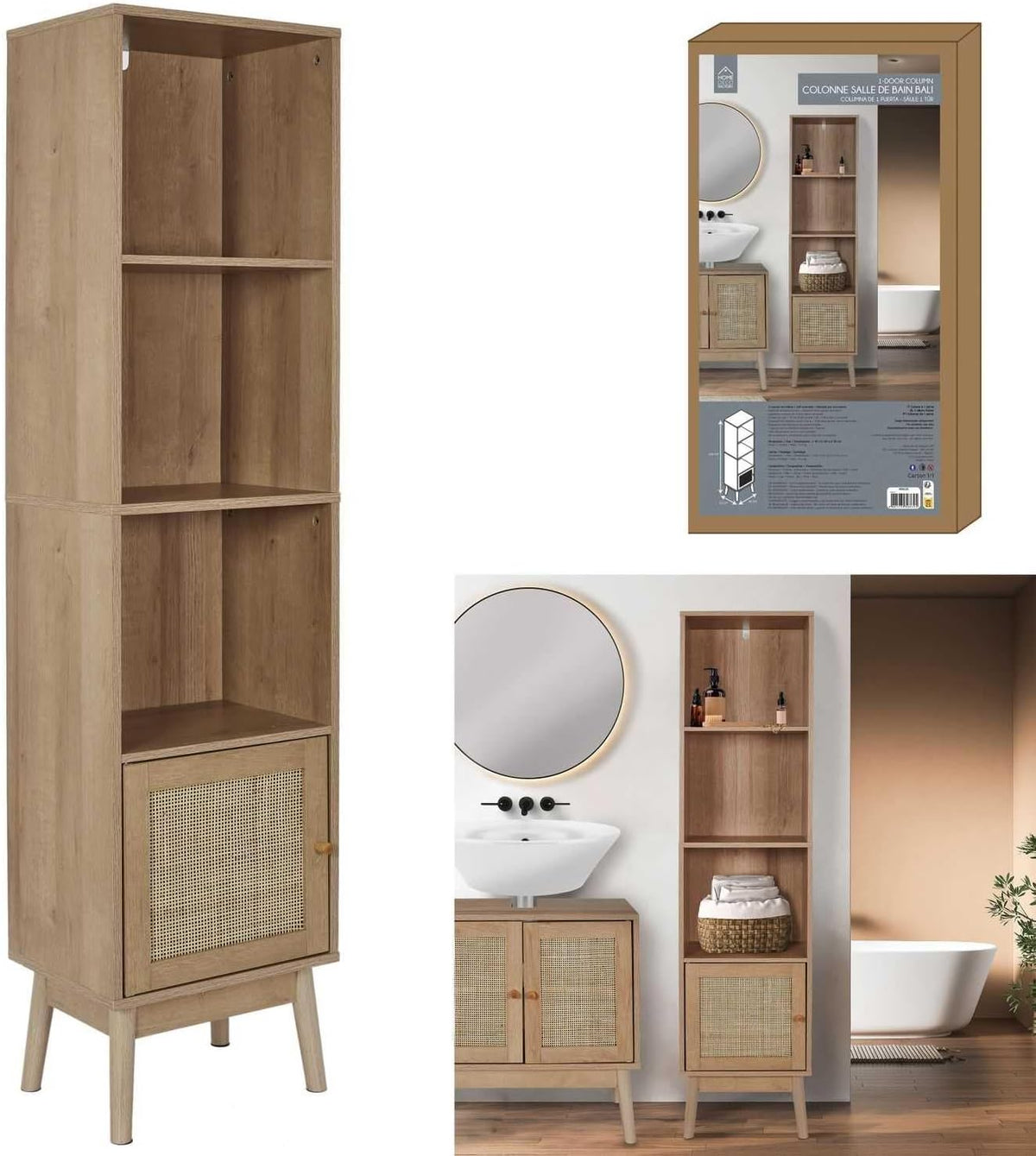 HOME DECO FACTORY, HD0225, 1-deurskolom, Bali-model, Natural Crush-collectie, meubel, kast, badkamermeubel, 40 x 160 x 30 cm, bruin - QUORE
