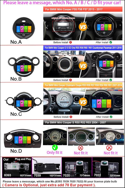Android autoradio, draadloos, CarPlay, Android autoradio met scherm, Bluetooth, GPS Navi, WiFi, AM/FM/RDS, Mirror Link voor BMW Mini Cooper R56, F55, F56, F57, John Cooper Works,One First, One D,