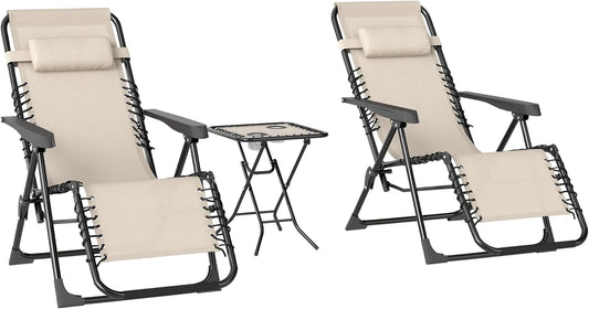 Opvouwbare Ligstoelenset – Ligstoel – Relaxstoel – Tuinstoel – Balkonstoel – Weerbestendig Metalen Frame – 5-Standen Verstelbare Rugleuning – Inclusief Tafel Met Bekerhouders – Beige