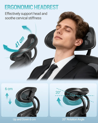 Hzuaneri Ergonomic Office Chair, Computer Chair, Swivel Chair, with Adjustable Lumbar Support, Headrest and Armrests, Back Protection, Maximum Load Capacity 150 kg, Black ON00299B