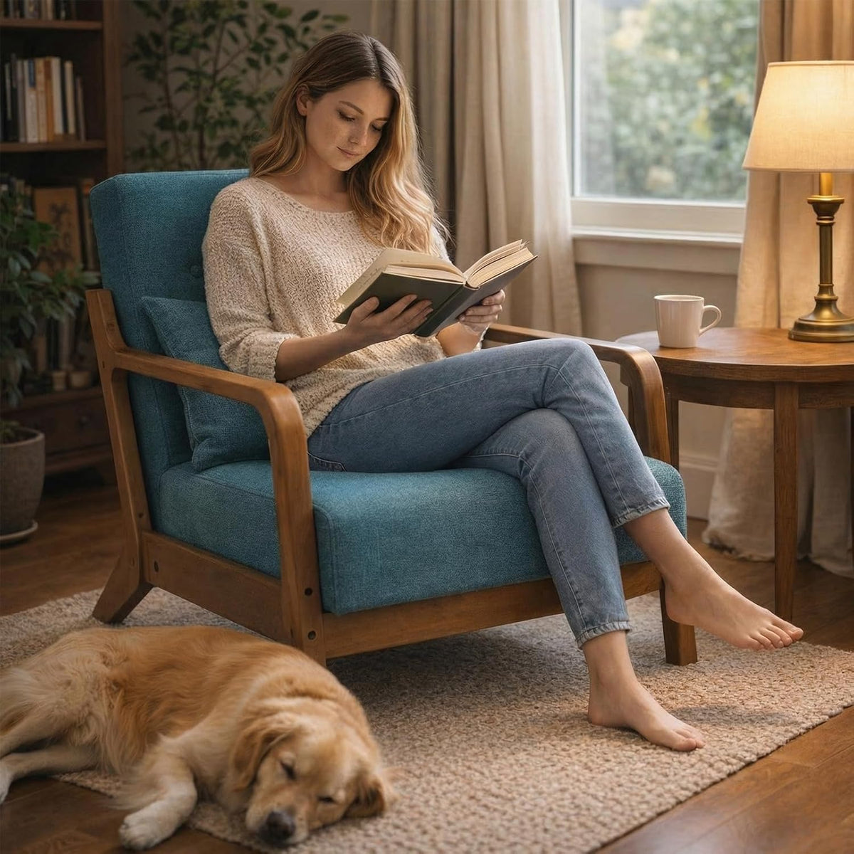 HollyHOME Fauteuil Woonkamer Comfortabele Armstoel Leesstoel Slaapkamer Relax Accent Stoelen met Houten Frame, Teal