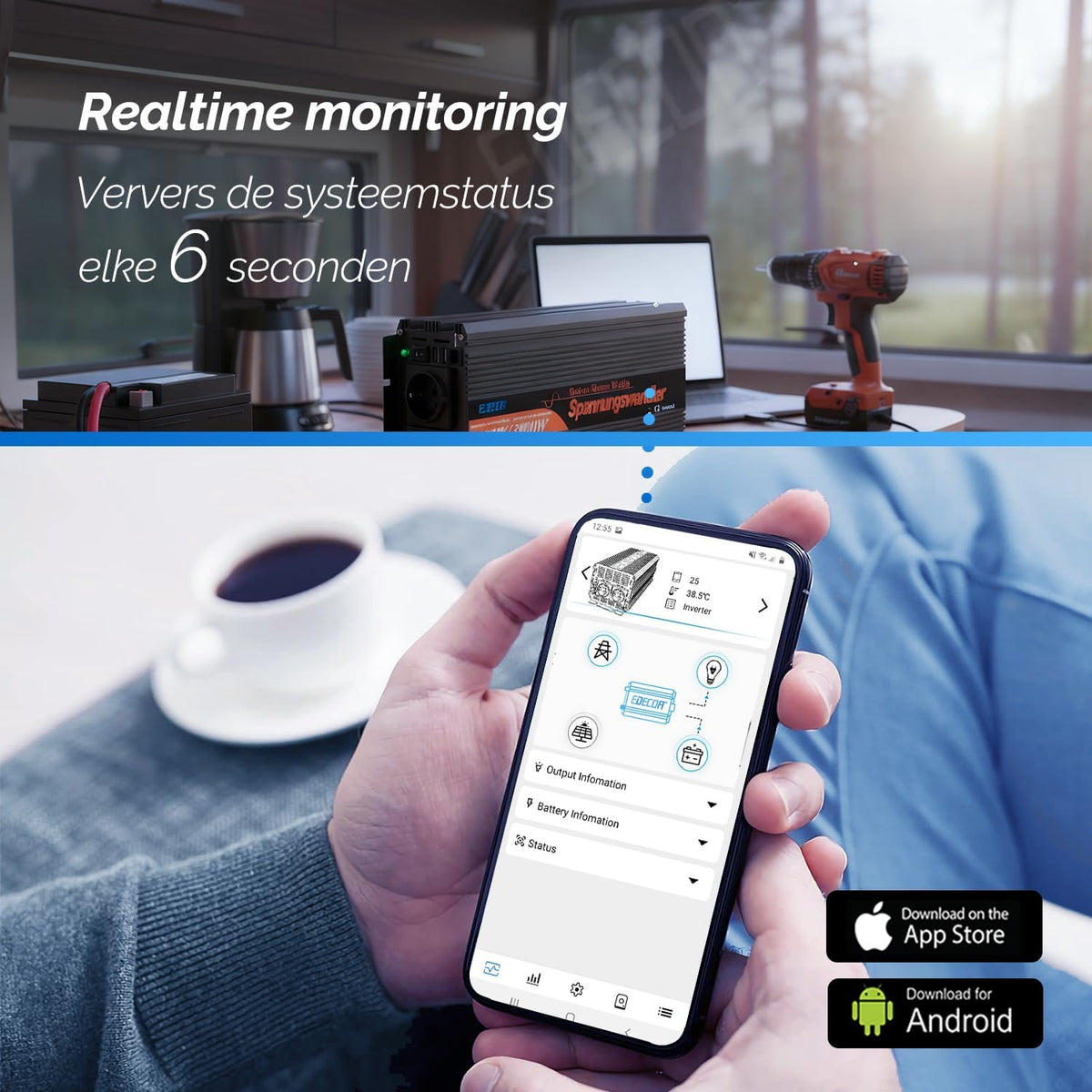 EDECOA 12 V 230 V omvormer, 3500 W/7000 W, 12 V naar 230 V, zuivere sinusgolf, omvormer met wifi-module, ondersteuning voor app-functies met 1 USB-poort en 1 PD-aansluiting