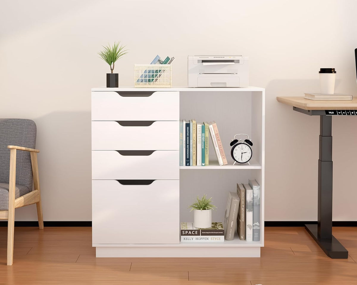 EasyPAG Houten zijarchiefkast met 4 laden, A4-formaat formaat hangmap, archiefkast, printerstandaard met open opbergplank voor kantoor en thuis, wit