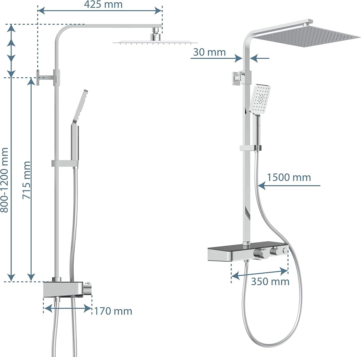 SCHÜTTE Ocean 60531 Douchesysteem met thermostaat en glazen legplank, doucheset met 30 x 30 cm, regendouche met wandhouder en douchekop, chroom/antraciet