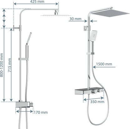 SCHÜTTE Ocean 60531 Douchesysteem met thermostaat en glazen legplank, doucheset met 30 x 30 cm, regendouche met wandhouder en douchekop, chroom/antraciet