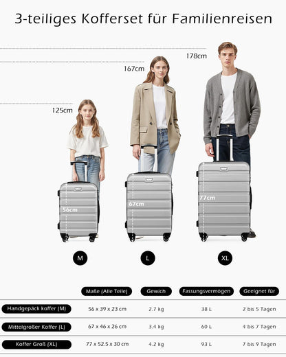 COOLIFE hardcase-koffer Trolley Rollkoffer reiskoffer hardshell Boardcase handbagage met TSA-slot en 4 wielen, Helder zilver., Koffer-Set