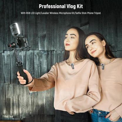 Vlogging kit voor telefoon voor iPhone en Android – Content creator kit – Podcast set – Telefoonstatief – Selfiestick – RGB videolicht 2500K-8500K met 20 effecten – Draadloze lavalier microfoon met ruisonderdrukking en 40 m bereik