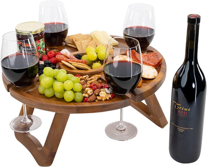 Klappbarer Weintisch - Hält Weingläser und -Flaschen an ihrem Platz - Outdoor Weintisch - Tragbarer Weintisch - Picknicktisch Mini Campingtisch Weinglashalter Holz - Outdoor Wine Table Picnic Table