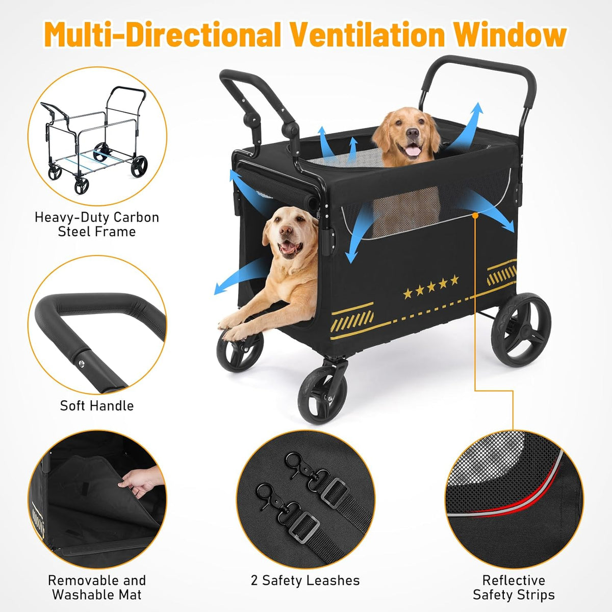 Heavy Duty hondenkinderwagen met opvouwbare helling, gemakkelijke toegang voor oudere of gewonde honden, huisdierbuggy met verstelbare handgrepen, ondersteunt tot 80 kg, zwart