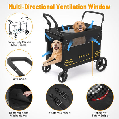 Heavy Duty hondenkinderwagen met opvouwbare helling, gemakkelijke toegang voor oudere of gewonde honden, huisdierbuggy met verstelbare handgrepen, ondersteunt tot 80 kg, zwart