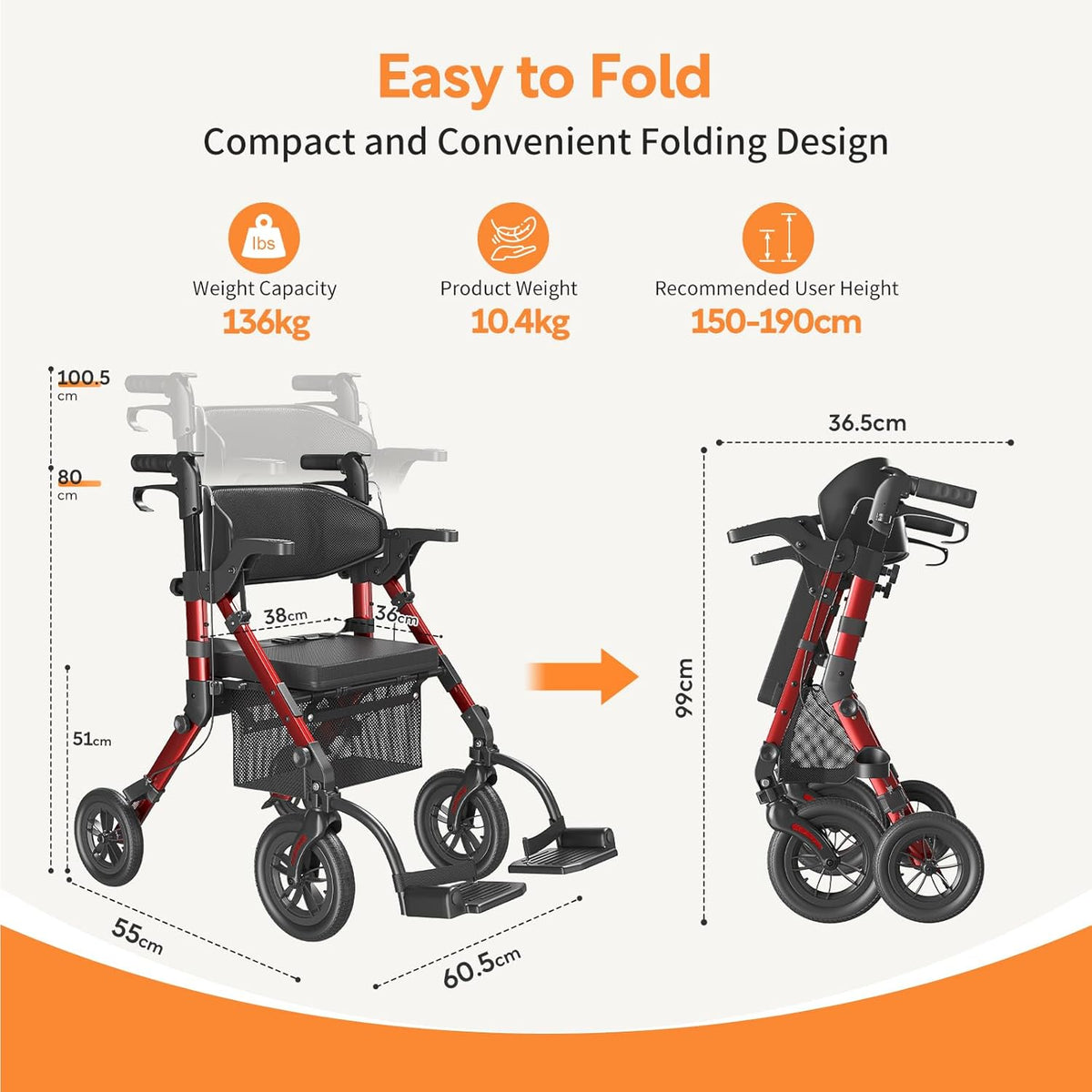 VOCIC 2 in 1 Rolstoel Rollator Opvouwbaar en Licht met Zitting, Outdoor Gumbanden voor Alle Terreinen, Lichtgewicht Rollatoren met Nettas, Aluminium Loophulp Transport-Stoel, Rood (5 Jaar