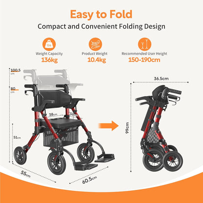 VOCIC 2 in 1 Rolstoel Rollator Opvouwbaar en Licht met Zitting, Outdoor Gumbanden voor Alle Terreinen, Lichtgewicht Rollatoren met Nettas, Aluminium Loophulp Transport-Stoel, Rood (5 Jaar