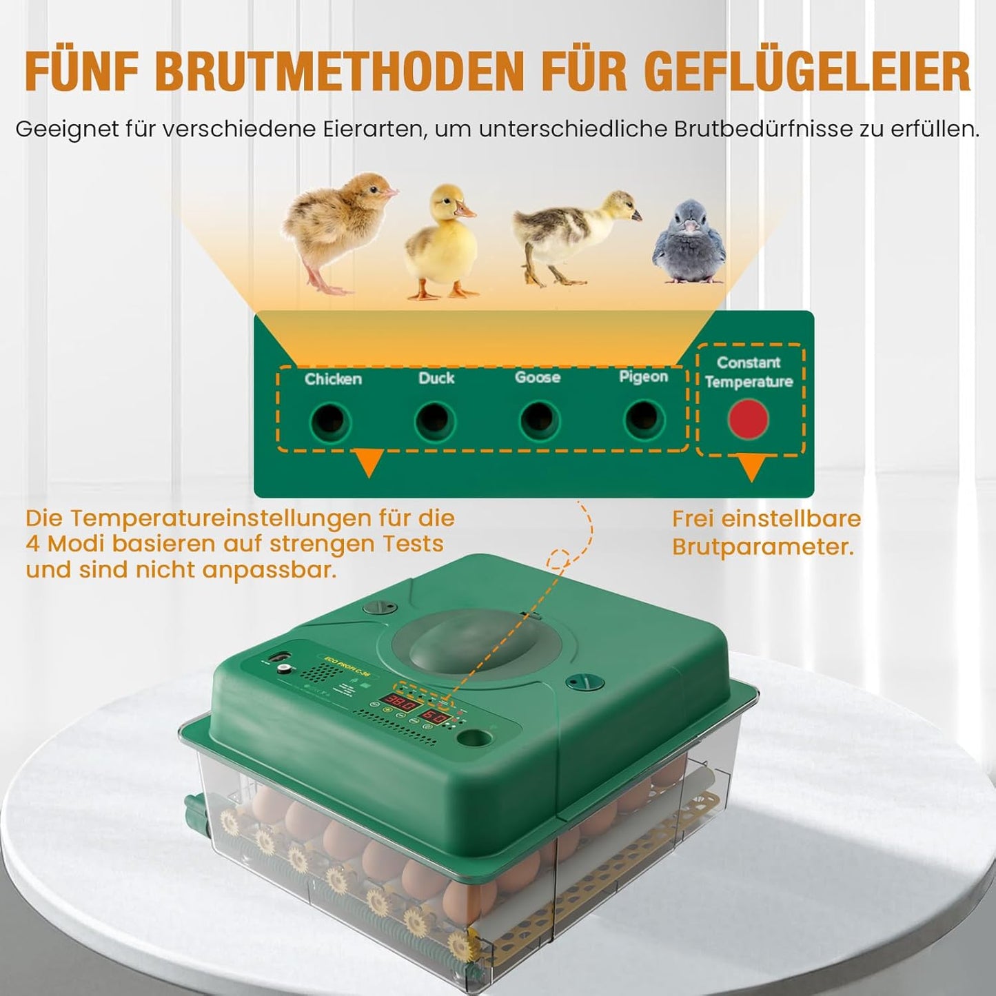 Broedmachine, volautomatisch, 36 eieren, incubator met 5 automatische broedmodi, broedmachine met temperatuurregeling, vochtweergave en eierverlichting, voor kippen, eenden, ganzen en