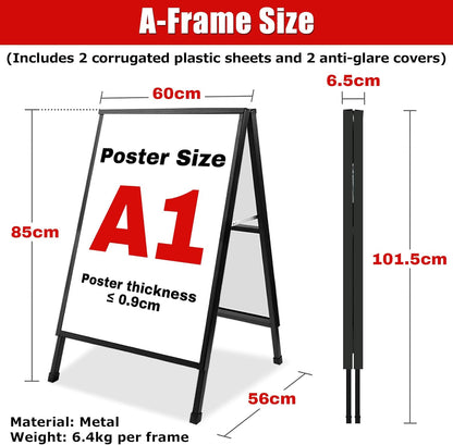WIIGO A1 A Boards Pavement Signs A Frame Sign Board - Dubbelzijdige Sandwich A-Board Poster Sign Display Stand met 2 Anti-Glare Covers en Golfplaten voor Zaken, Restaurant, Reclame