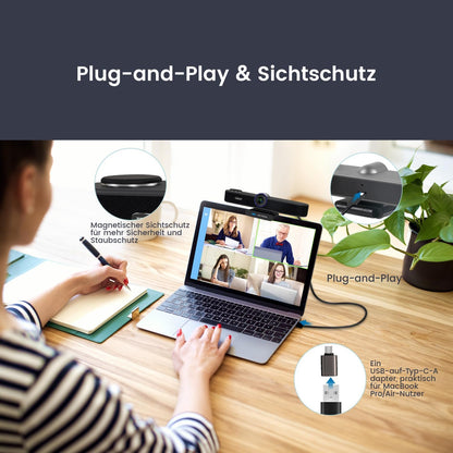TONGVEO KI Automatische tracking 4K webcam met microfoons en luidsprekers, 5-voudige digitale zoom, ePTZ webcamera met afstandsbediening en twee microfoons, conferentie-webcam voor zoom, Skype, OBS