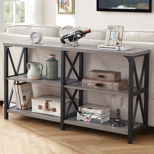 LVB Rustieke banktafel, boerderij consoletafel voor woonkamer, hal entryway tafel met opslag, entree tafel voor foyer, 55 inch grijs eiken