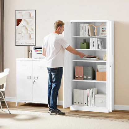 Steel Storage Cabinet, Steel Filing Cabinet with Lock, 4 Adjustable Shelves, Double Doors, Multifunctional Tool Cabinet for Study Room, Garage, White
