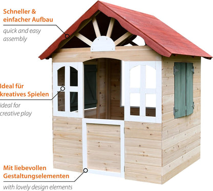 dobar® Kinderspeelhuis van hout met ramen en deuren, speelhuis, outdoor, bouwpakket met eenvoudige montage, kinderhuis voor tuin, rood, 115 x 102 x 125 cm