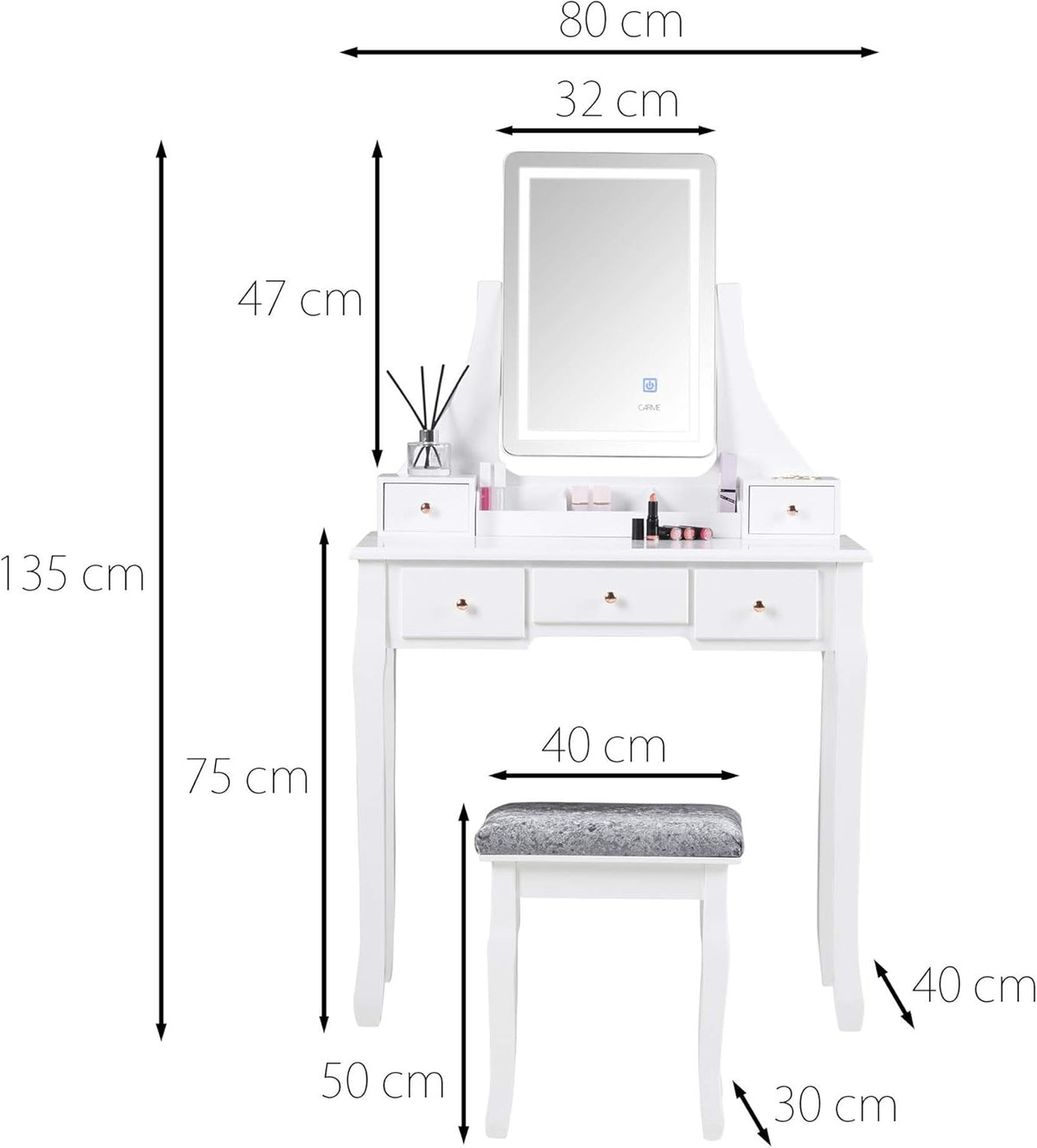 ice cream what's your flavour? Luxury Dressing Table with Touch Sensor Vanity Mirror LED Lighting & Stool 5 Drawers Set For Bedroom Makeup Jewelry Storage (DT010-TBPLUG WHITE) - QUORE
