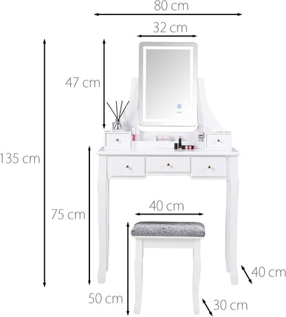 ice cream what's your flavour? Luxury Dressing Table with Touch Sensor Vanity Mirror LED Lighting & Stool 5 Drawers Set For Bedroom Makeup Jewelry Storage (DT010-TBPLUG WHITE) - QUORE