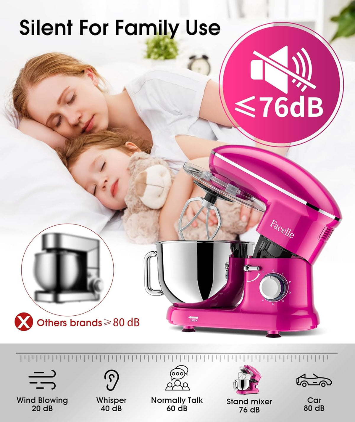 Facelle Staande mixer, 1500 W 6-speed kantel-head voedselmixers taartmixer keuken elektrische keukenmixer met 6L roestvrijstalen kom, deeghaak, platte klopper, garde, spatbescherming, om te bakken